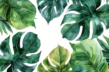 Tropical watercolor background of green monstera and palm leaves on white background