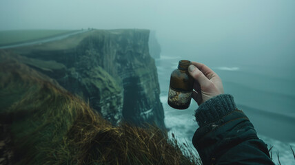 Hand holding a bottle in front of cliffs