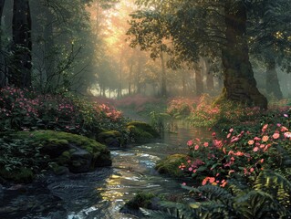 A serene woodland glade bathed in the soft light of dawn, with dew-kissed flowers blooming among moss-covered rocks and ferns forest tranquility The peaceful beauty of the forest is portrayed - obrazy, fototapety, plakaty