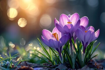 Spring Flowers - Crocus Blossoms On Grass With Sunlight