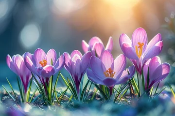 Fotobehang Spring Flowers - Crocus Blossoms On Grass With Sunlight © sisir