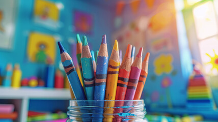 Jar of colored pencils on desk