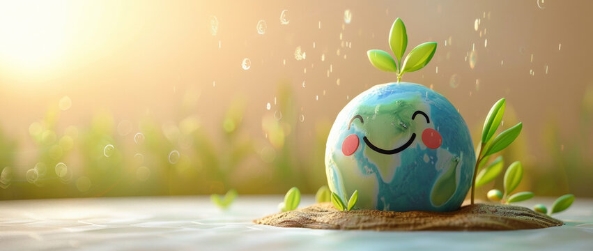 3d cute earth with smile and leaf on top, pastel color background for world environment day concept banner design, copy space area