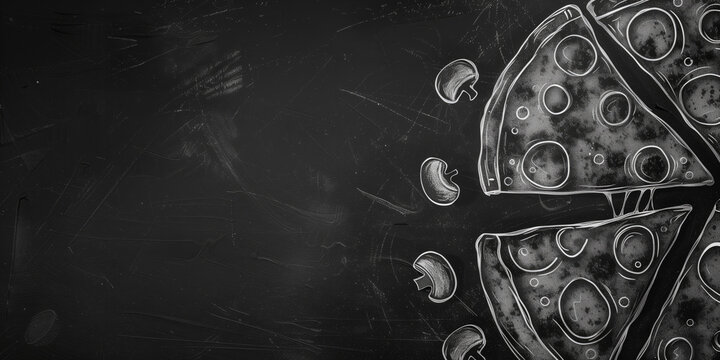 Chalk drawing of pizza slices with toppings on a blackboard background.