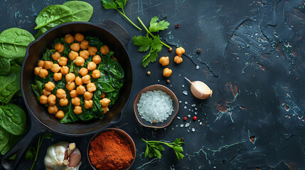 A photo of chickpeas and spinach in an iron pan, on the side are some spices. Next to it is a garlic clove, sea salt and coriander leaves,