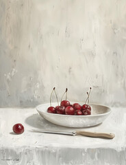 oil painting art with cherries in a bowl - 786440580