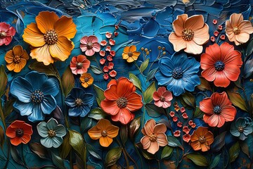 the textured layers and vibrant colors of a heavy impasto painting art piece featuring intricate flower - Powered by Adobe