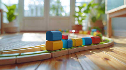 Wooden train toy on floor in playroom