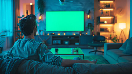A man is sitting on the sofa in his modern white living room, watching TV with a green screen.