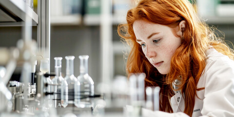 Young girl with red hairy scientist deeply engaged in laboratory activities, with a focus on her expressions and thoughtful work, offering a clear area for text.