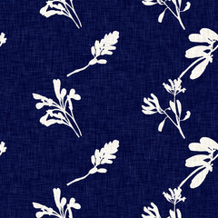 Indigo denim blue leaf motif seamless pattern. Japanese dye batik fabric style effect print background swatch.  - 786440791