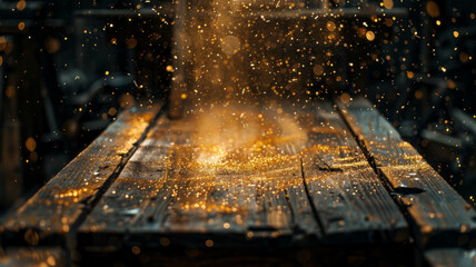 Sparkling particles over wooden table