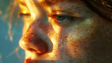 Close-up of a young woman with glitter on her face.