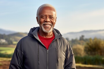 Portrait of a cheerful afro-american man in his 60s wearing a zip-up fleece hoodie on quiet countryside landscape
