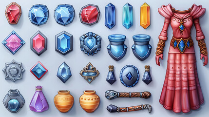 A sheet of game assets done in the style of detailed character illustrations. Cartoon characters for games.  Resources, characters.  - obrazy, fototapety, plakaty