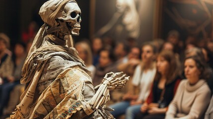 A mummy critiquing designs at a fashion show, an ancient perspective on modern style - obrazy, fototapety, plakaty