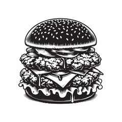 Savory Burger Silhouette: Delicious Fast Food Emblem for Your Artistic Creations, Chicken Burger Illustration - Zinger Burger Vector
