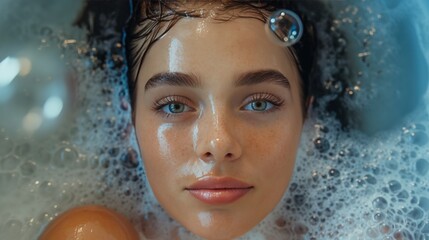 Portrait of a Young Woman Submerged in a Bubble Bath