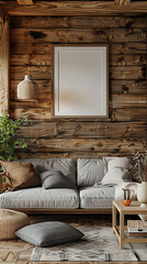 Mockup poster frame in a cozy cabin living room with natural wood finishes and rustic decor, 3d render, hyperrealistic