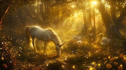 Mystical Golden Sunrise Illuminates Enchanted Forest Glade with Grazing Unicorn and Glowing Magical Creatures - obrazy, fototapety, plakaty