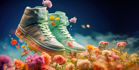 Fashion Sportive Concept of Whimsical Sneakers in Floral Cloudscape