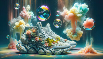 Fashion Sportive Concept of Whimsical Sneakers in Flowers, bubbles and color dust and clouds.