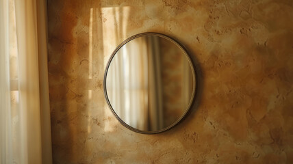 Round mirror on a textured wall with sunlight.