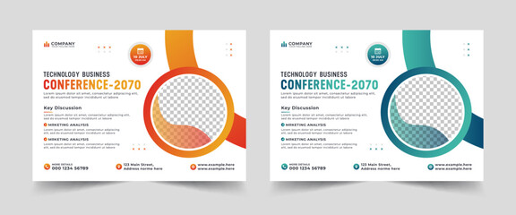 Corporate horizontal business conference flyer template. Technology conference social media banner layout, live webinar event invitation banner - obrazy, fototapety, plakaty