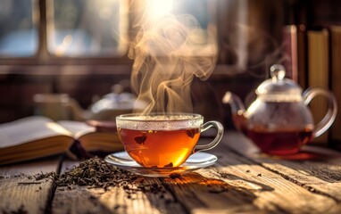 Morning sunlight streams in, illuminating a clear tea cup with rising steam, beside tea leaves and a blooming flower on a wooden table.