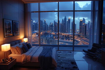 Luxury Bedroom Overlooking a Bustling City at Twilight