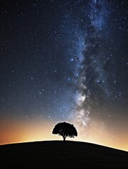 A solitary tree stands under the cosmic expanse of the star-filled Milky Way, radiating tranquility in the night.