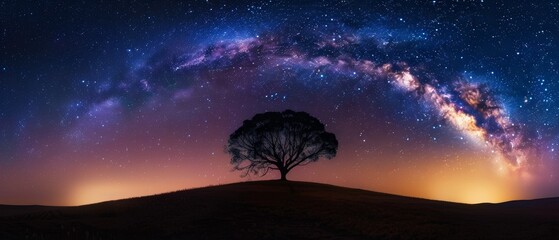The magnificent Milky Way bends over a lone tree, whispering cosmic secrets in a spectacle of nocturnal beauty.