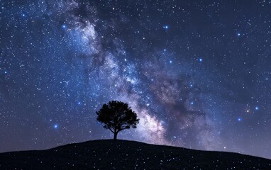 Capturing galactic splendor, this image shows a lone tree against the Milky Way's awe-inspiring backdrop on a hilltop.