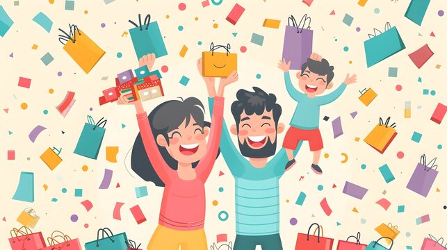 Exuberant Cartoon Family Enjoying a Thrilling Shopping Spree with Discounted Purchases and Celebratory Atmosphere