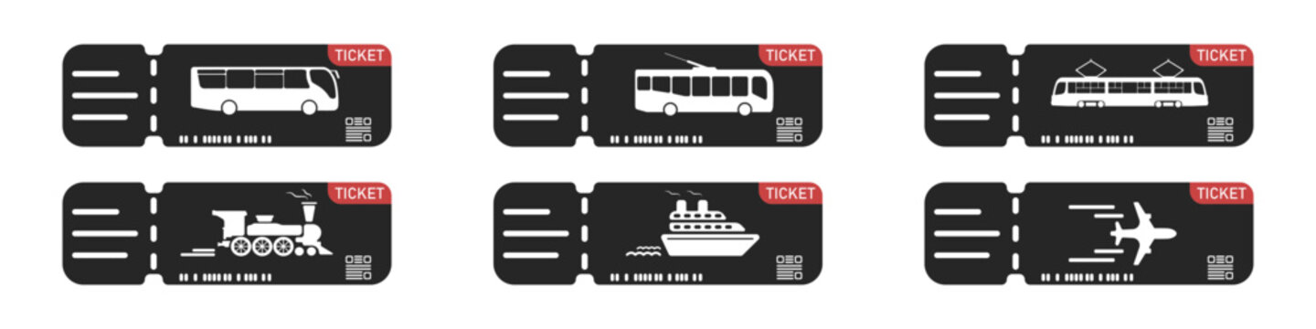 Travel tickets for, plane, train, trolleybus, tram, bus, ship. Set of tickets for various transport vector. Black icons of tourist tickets for transport. Ticket booking for tourism.