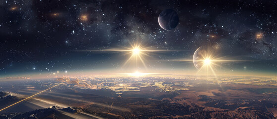 A panoramic view of a cosmic dawn, showcasing a futuristic city nestled among mountains under a sky graced with multiple suns and celestial bodies.