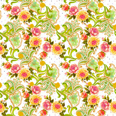 Watercolor Peonies Rose flowers pattern, traditional Indian paisley arrangement seamless background