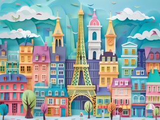 Colorful Paper Art Parisian Street and Eiffel Tower