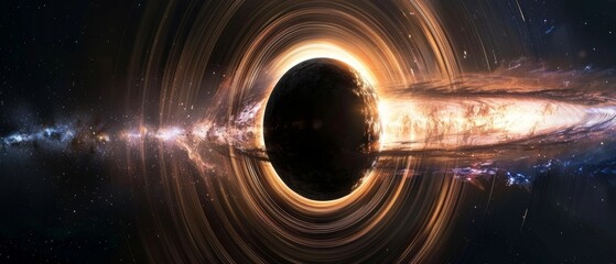 Wide panoramic of a black hole's gravity distorting space, with a galaxy's light streaking around it.