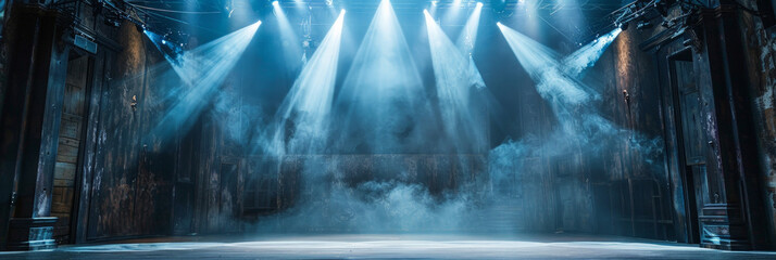 Empty concert stage with illuminated spotlights and smoke. Stage background , white spotlight and smoke, empty black stage with  white spotlights