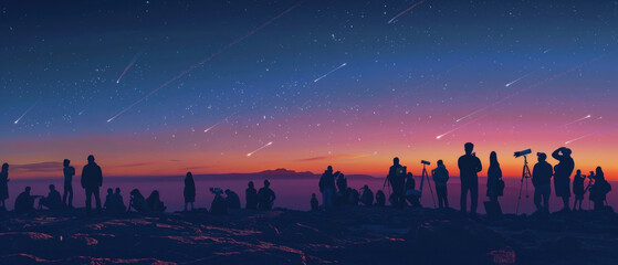 An awe-inspiring twilight as a meteor shower streaks across the sky, witnessed by silhouetted figures on a rocky outcrop.