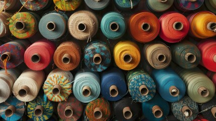 Fototapeta premium Spools of textiles rows of spools neatly aligned and ordered by color or texture