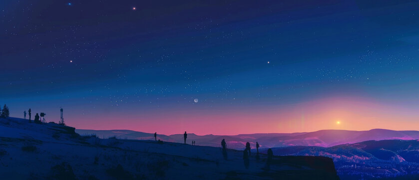Observers equipped with telescopes take in the starry sky as the day's last light fades on a snowy mountain range.