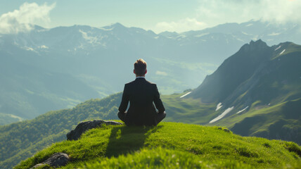 man meditating and looks at the mountains , business clothes , motivation for success, Millionaire Mindset, Wealth Meditation
