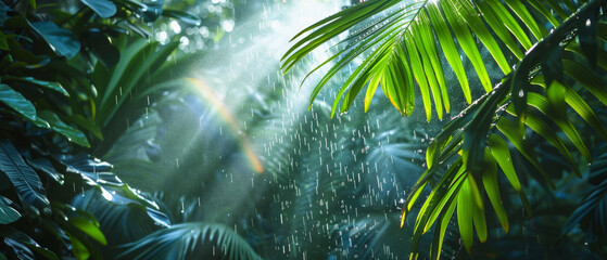 Dappled sunlight streams through a rainforest, catching the mist of a gentle shower, creating a prism over the vibrant green foliage.