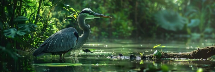 Great Blue Heron moving through wetlands - obrazy, fototapety, plakaty