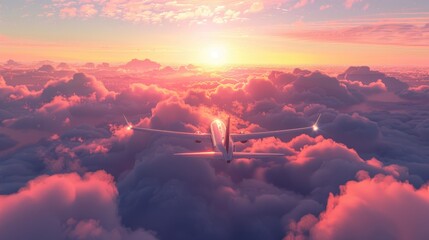 Air plane flying above clouds against sun light of sunset sky background.
