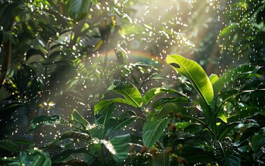 Beads of rain sparkle across vibrant foliage under a canopy of trees, with sun rays piercing through, creating a magical, misty ambiance.