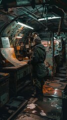 A watchful military personnel stands in a submarine command room surrounded by maps and vintage control panels.