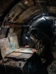 A covered naval officer stands absorbed by navigation maps in a submarine's map room, the task at hand casting a glow on his face.